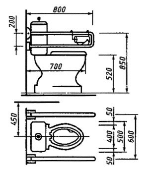 Примеры оборудования поручнями туалетных комнат или кабин ванных и душевых комнат в общественных зданиях и сооружениях