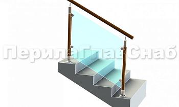 Ограждение с круглым деревянным поручнем с зажимными стеклодержателями и стойками с деревянными вставками в Москве. Готовые проекты ПерилаГлавСнаб