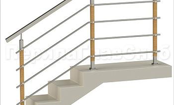 Четыре ригеля на держателях, квадратный поручень и стойки с деревянными вставками в Москве. Готовые проекты ПерилаГлавСнаб